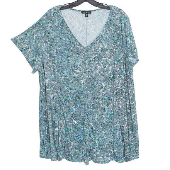 Roz & Ali Top Floral Paisley Boho Cottage Casual Comfort V Neck Stretchy Blue 3X - Picture 1 of 7
